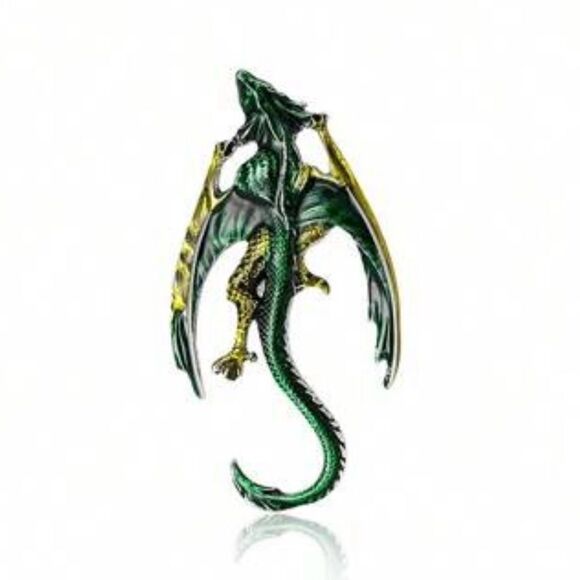 Renaissance Dragon Brooch Green & Yellow Gold Tone Engraved details folded wings - Picture 1 of 4